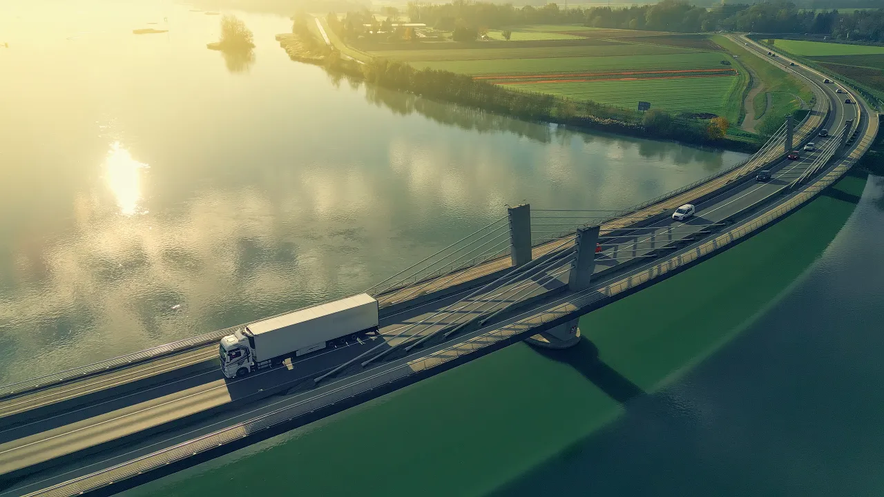 Truck driving across a long bridge